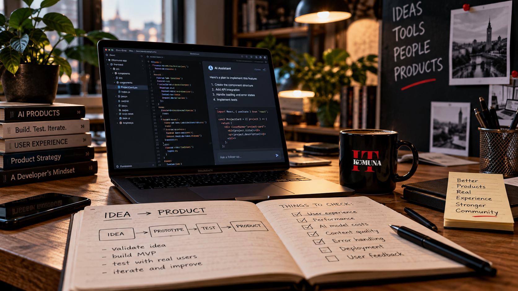A developer's workspace with a laptop, notes, and tools used to build digital products.