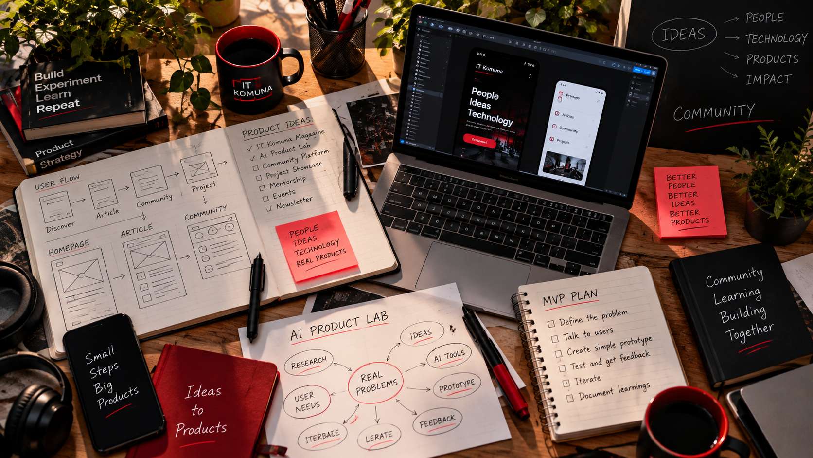 An overhead view of a creative workspace with laptops, product sketches, notebooks, and ideas for collaborative learning and digital product development.
